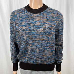 Vintage 80s Kmart Men's Large Blue Brown Marled Ribbed Knit Crew Neck Sweater